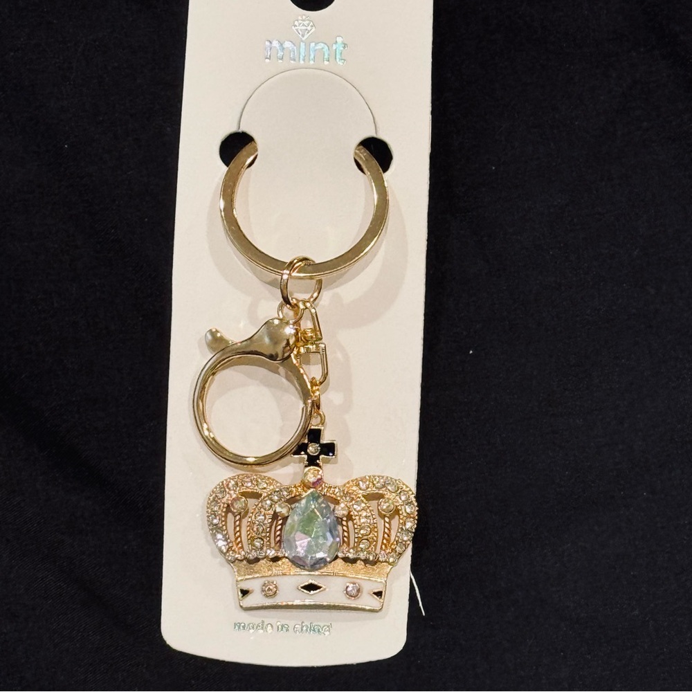 BAG CHARM Mint Gold Tone Crystal Crown Keychain with Sparkling Iridescent Jewel